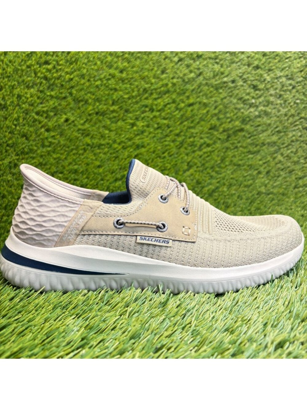 Skechers Delson 3.0 Roth Mens Size 8.5 Taupe Blue Casual Slip On Shoes Sneakers